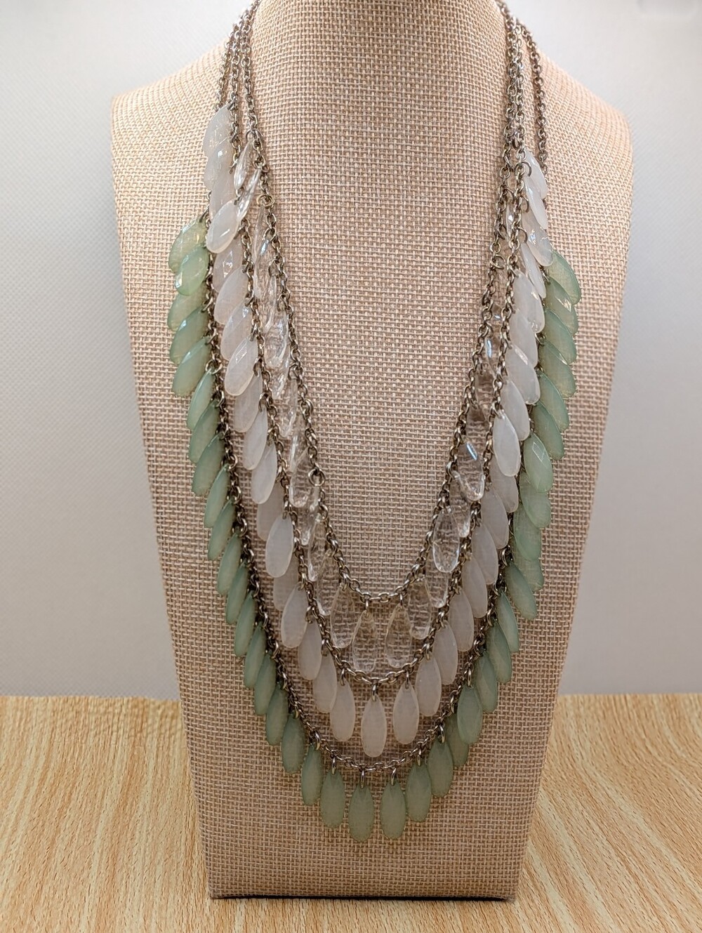 Vintage VCLM Layered Silver-Tone Necklace with Green and White Leaf Drops